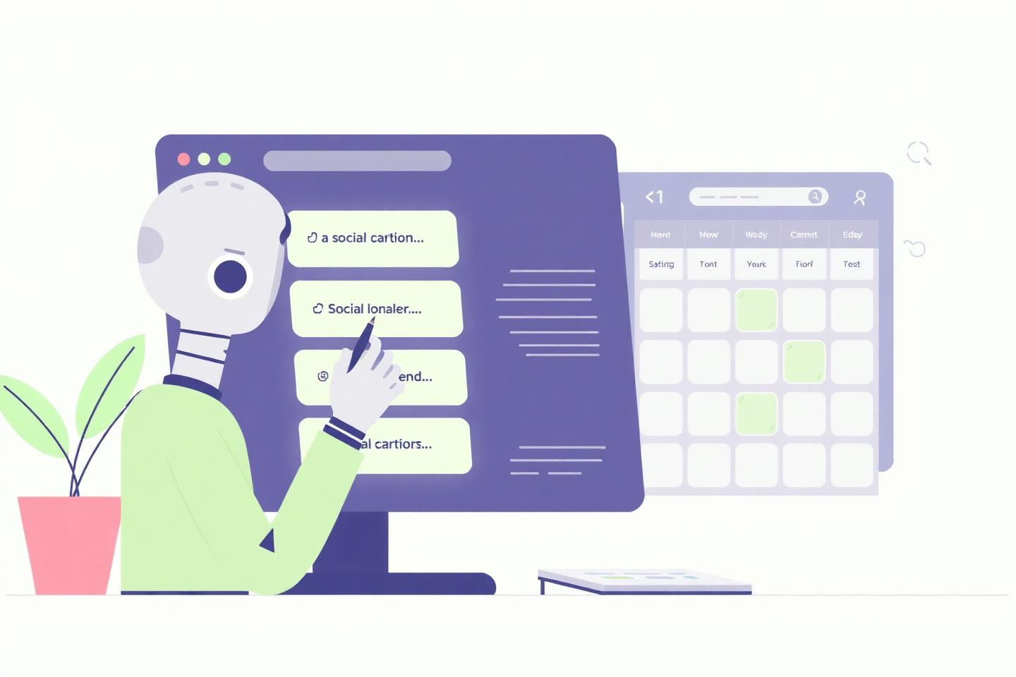 AI assistant panel drafting social captions next to a content calendar