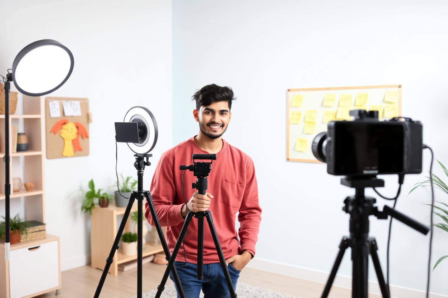 Creator batch-filming short videos in a home studio with an idea board on the wall