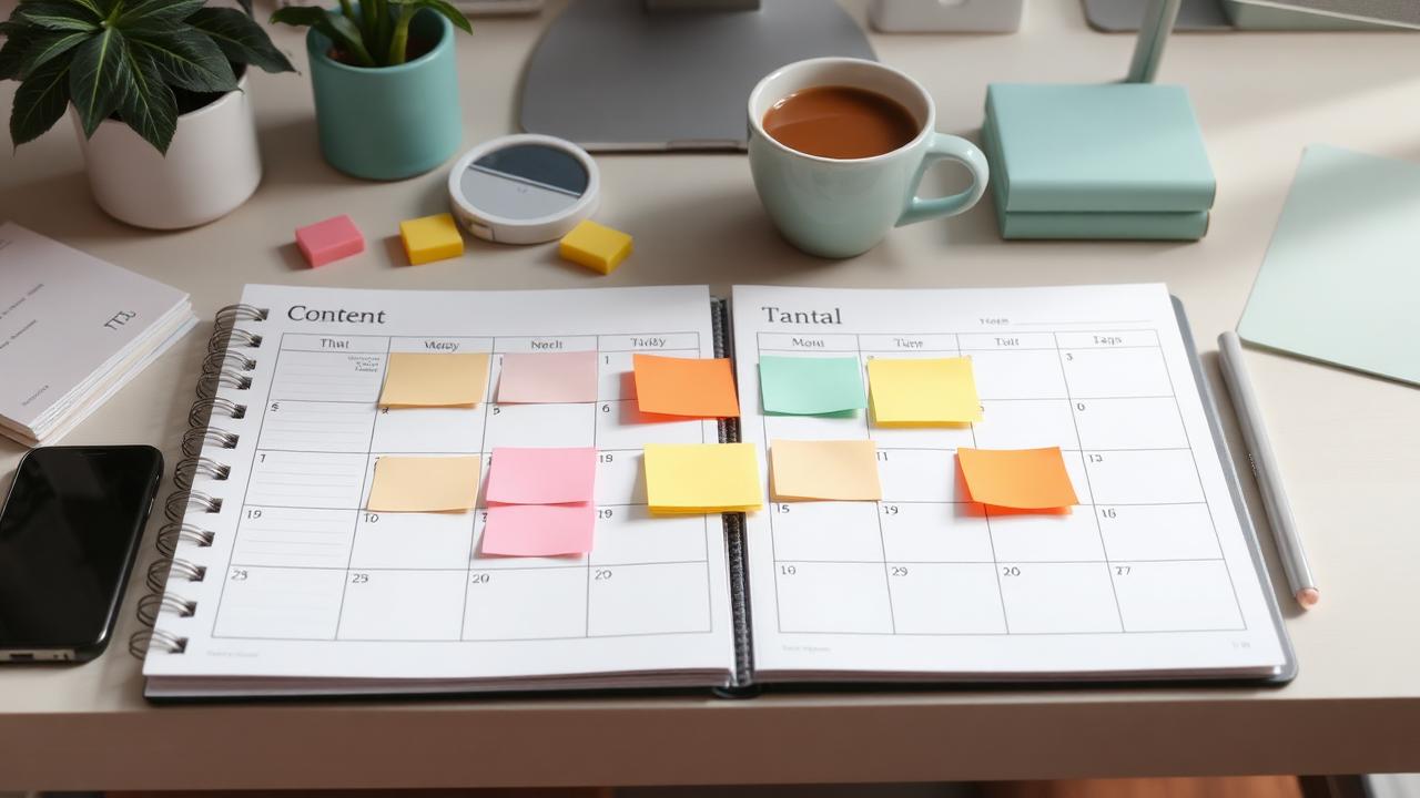Open monthly content calendar planner with coloured sticky notes, a phone and a cup of coffee on a desk