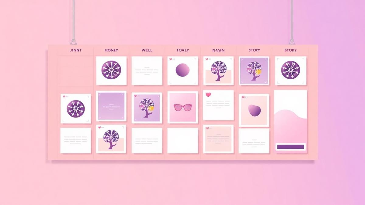 Monthly content calendar board with reel, carousel and story tiles pinned to it