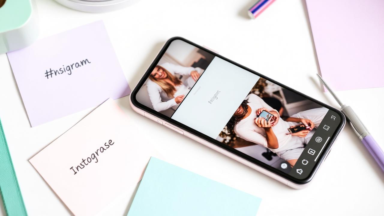 Smartphone showing an Instagram feed surrounded by paper notes with hashtags written on them