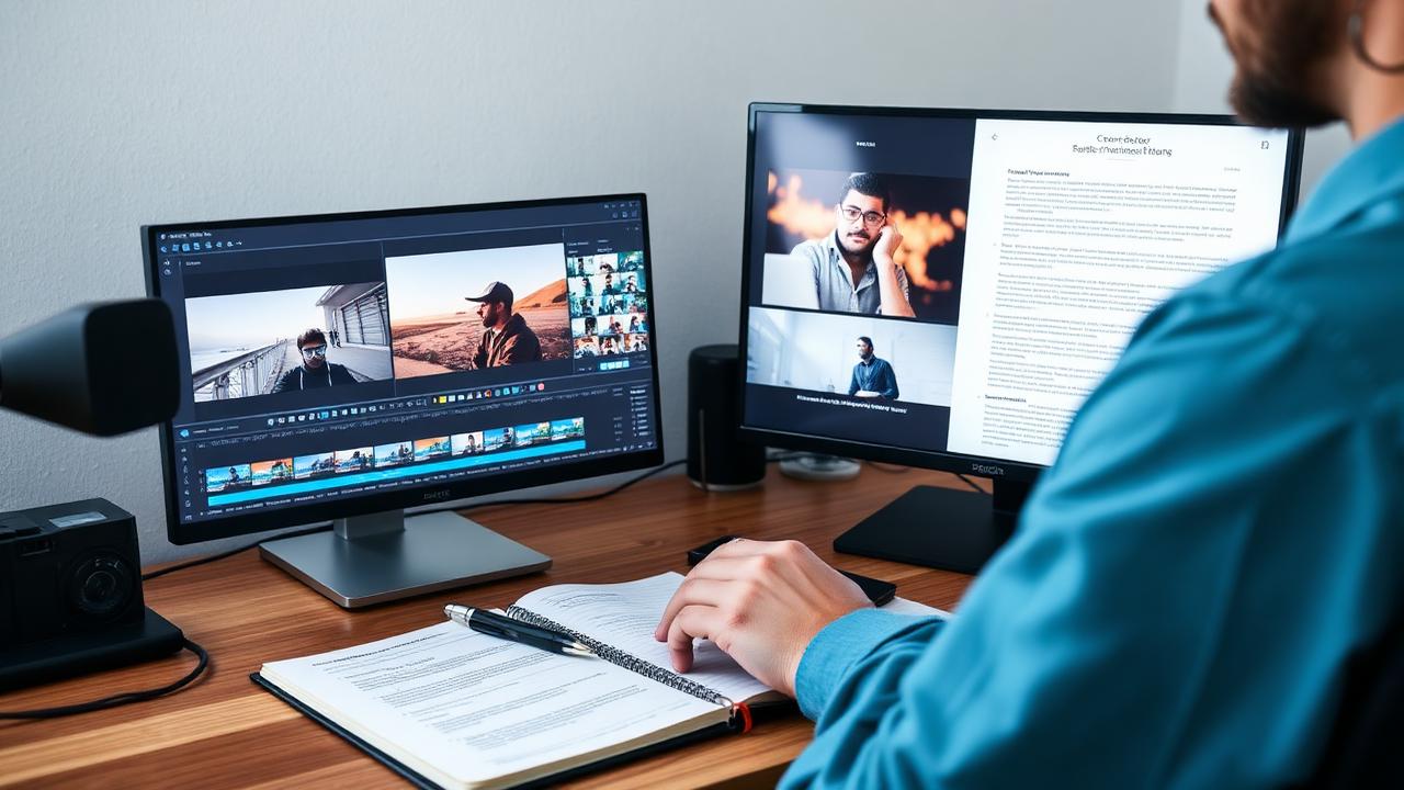 Creator at a desk with a video editing timeline on one screen and a transcript document on another