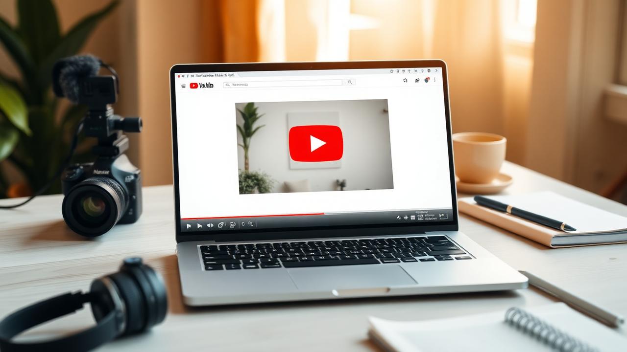 Laptop on a desk showing a YouTube video page with a bold thumbnail next to a camera and notebook