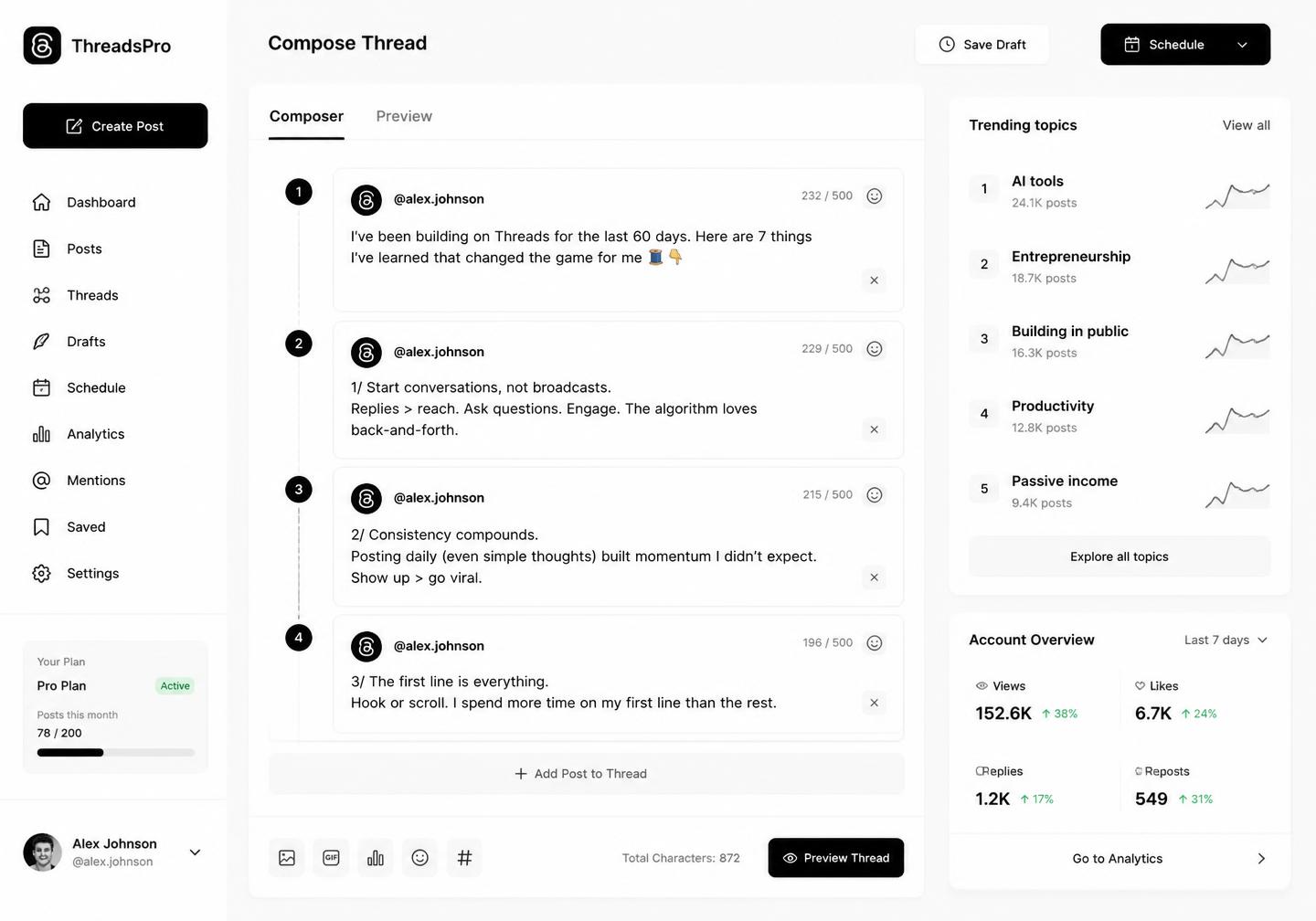Pixalera Threads workspace with calendar, composer and analytics