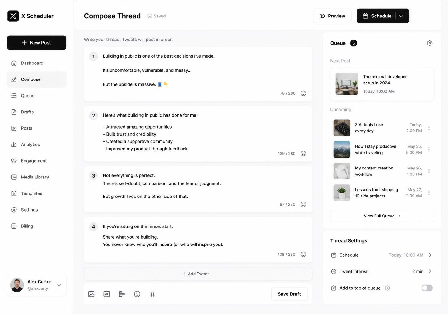 Pixalera X (Twitter) workspace with calendar, composer and analytics