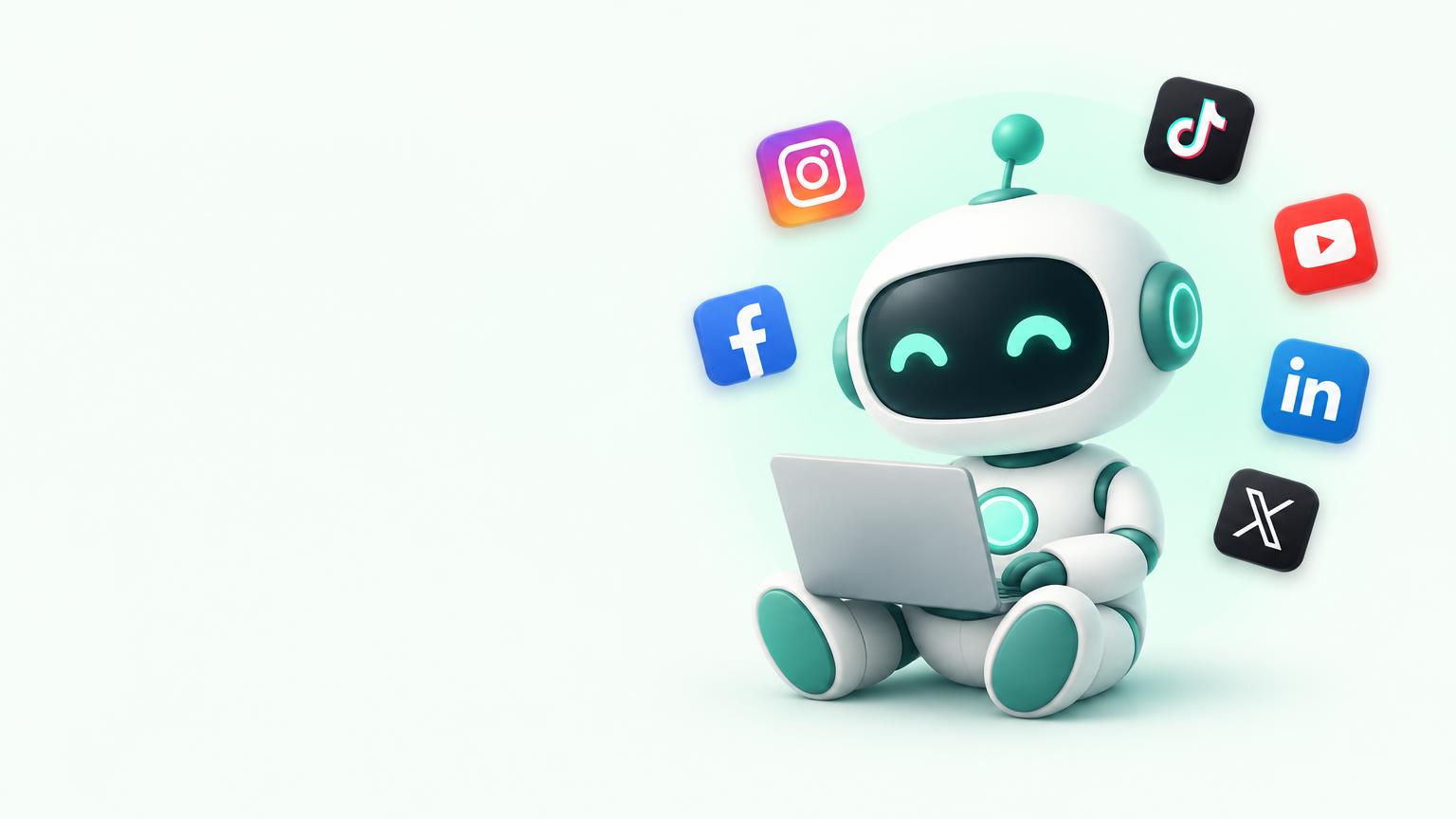 Pixalera AI robot with a laptop surrounded by social channel icons
