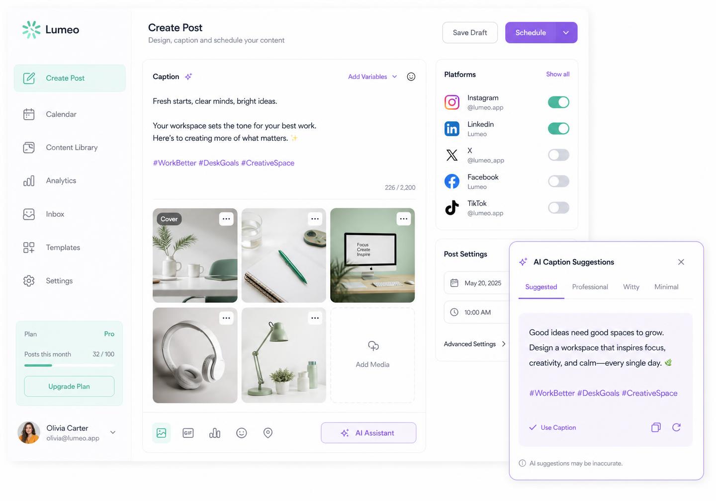 Pixalera Create composer with caption editor, media grid and AI caption suggestions