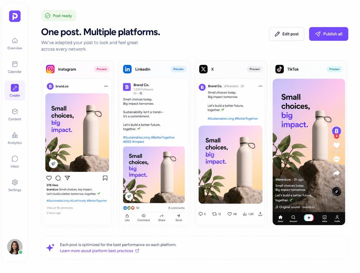 One post previewed across Instagram, LinkedIn, X and TikTok layouts