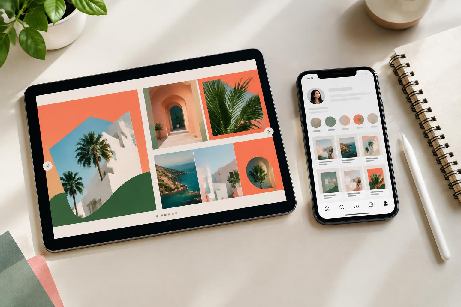 Generated illustration of carousel designs and a creator storefront on mobile devices