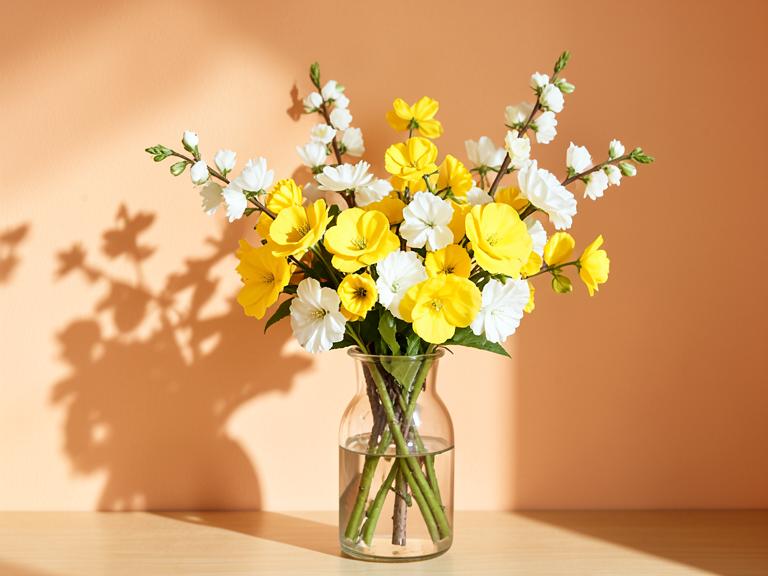 Yellow and white spring flowers in a vase against a peach wall