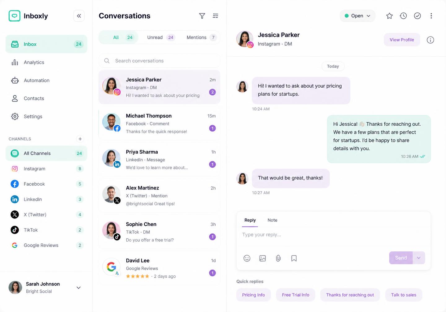 Unified inbox with X (Twitter) comments, mentions and DMs in one queue