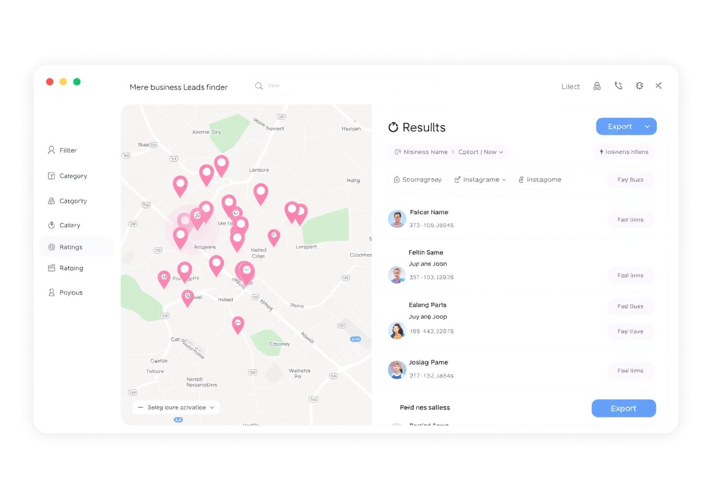 Pixalera Leads Finder showing a map of local businesses with a filtered results table of contacts