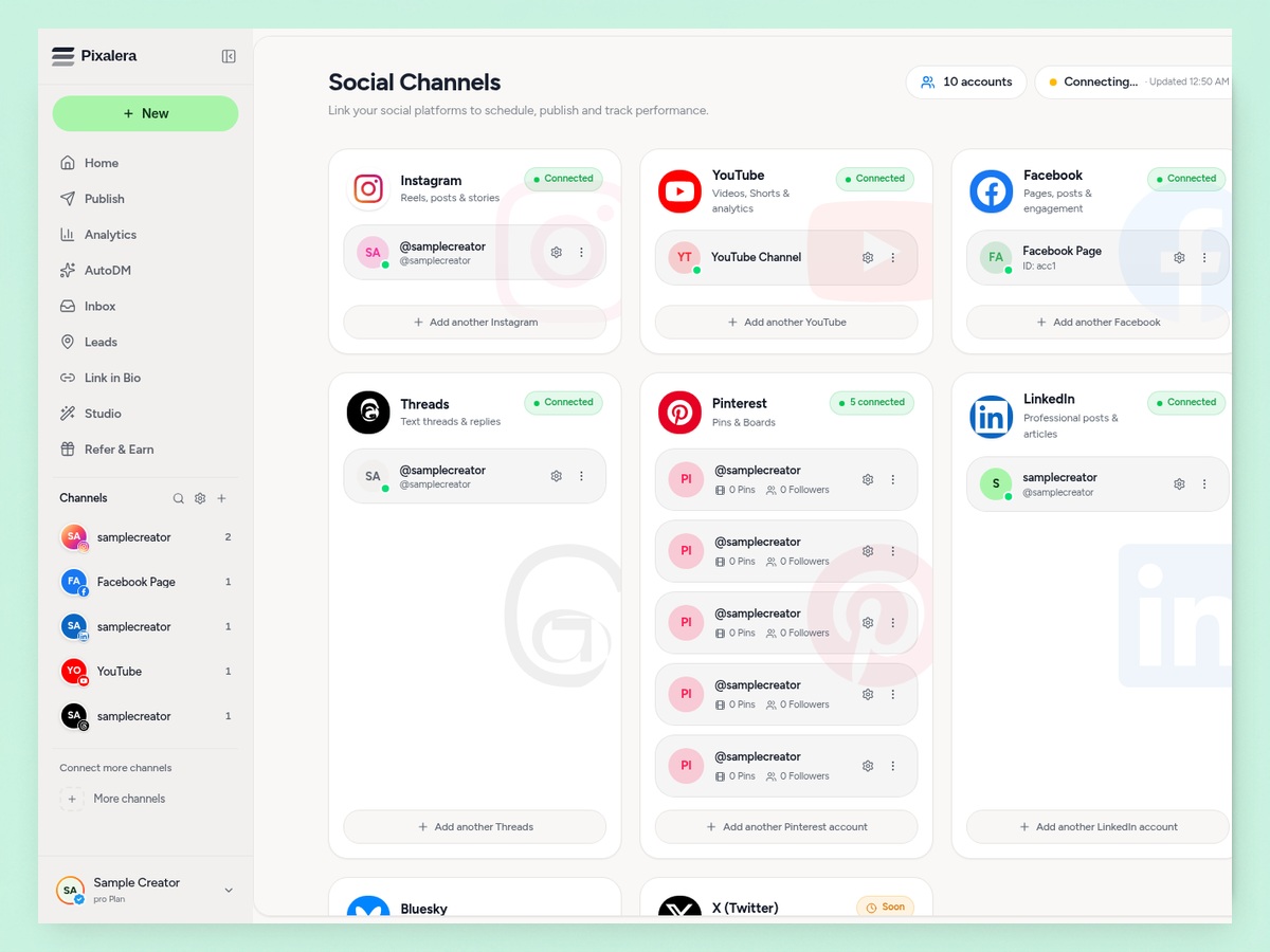 Pixalera Channels screen listing connected Instagram, Facebook, LinkedIn, YouTube and Pinterest accounts with health badges