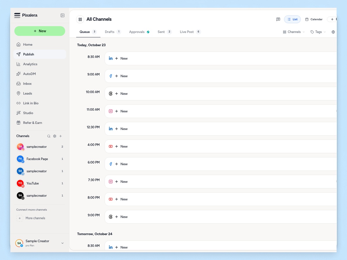 Publishing calendar showing scheduled posts across multiple connected channels