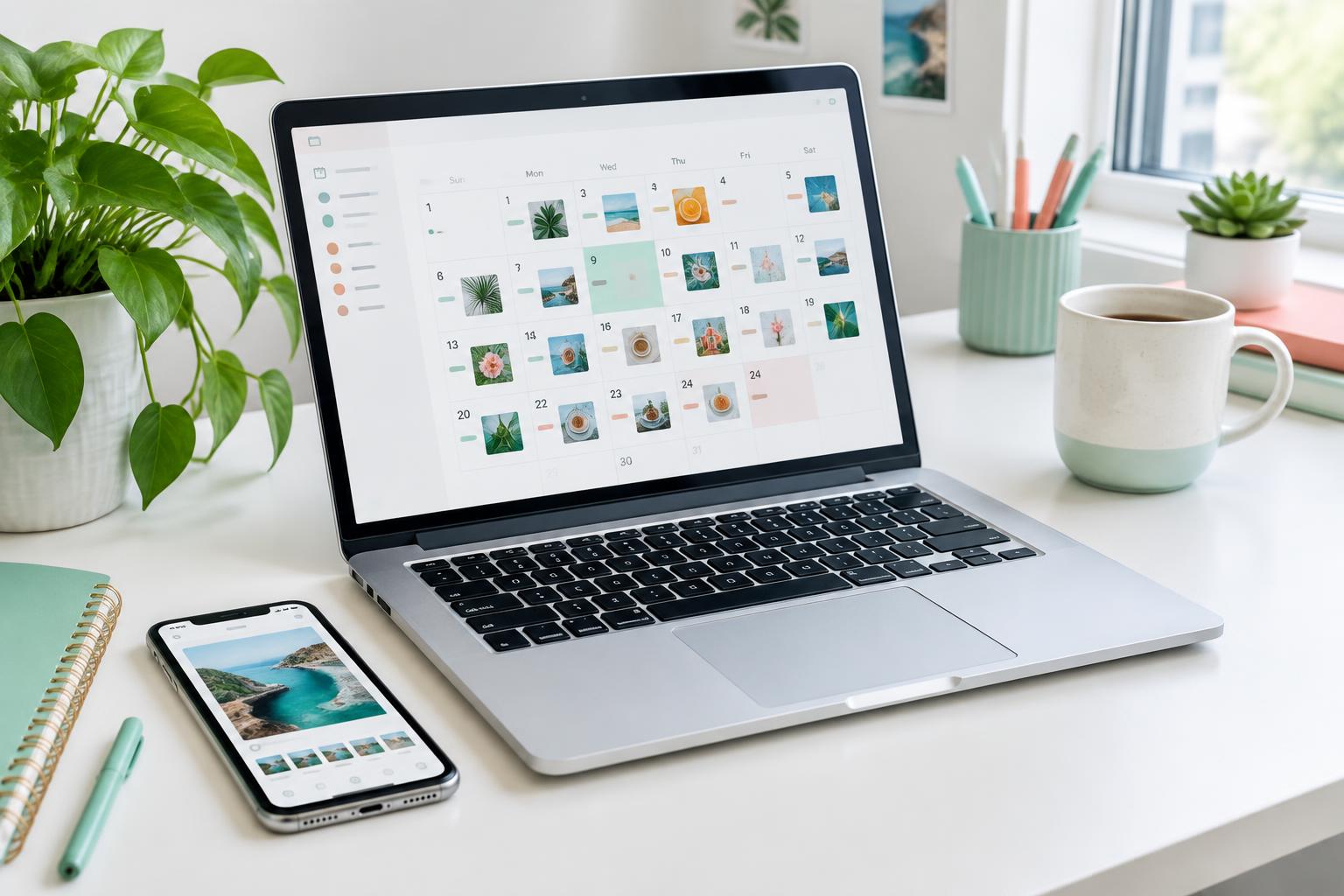 Generated illustration of a content calendar on a laptop and a social post on a phone